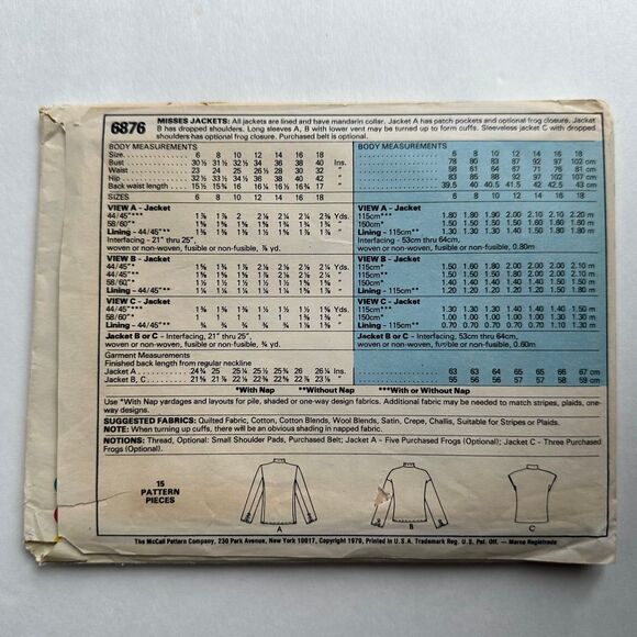 Vintage 70s Sewing Pattern McCalls 6876 Lined Jacket Vest Mandarin Collar Sz 18 - Picture 2 of 2